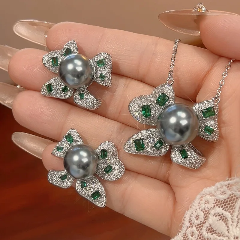 

Gold-Plated Copper Base Inlaid Emerald Pearl Earrings Necklace Bowknot Elegant Fashion Sweet Women's Hair Accessories