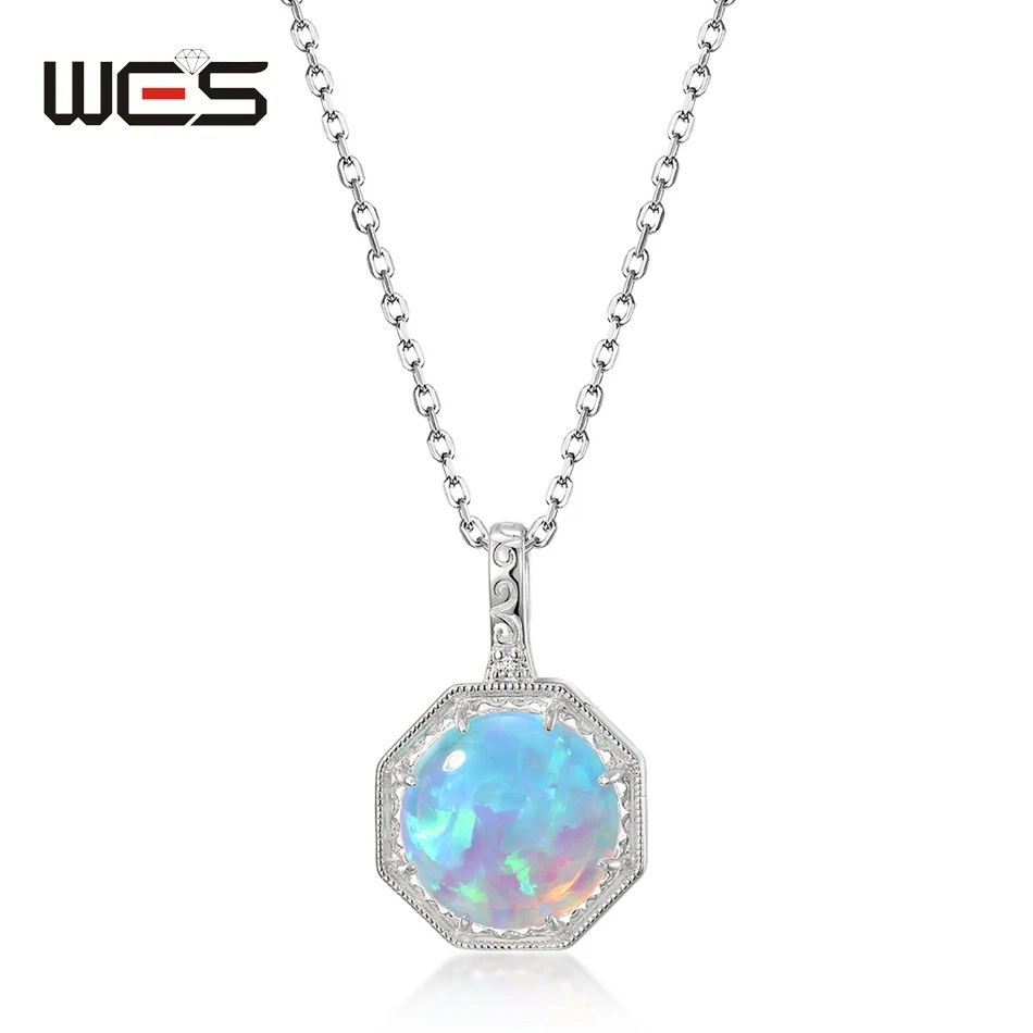 

WES 925 Sterling Silver Lab Created Opal 10*10mm Pendant Necklace for Woman Sparkling Gemstone Wedding Jewelry Birthday Gift