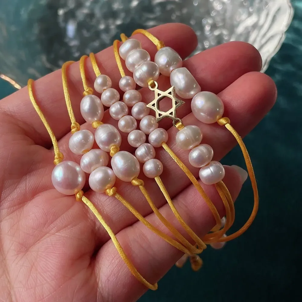 Natural Freshwater Pearl Friendship Bracelet for Women Baroque Pearl Six Pointed Star Charm Sun Yellow Rope Chain Bracelet Boho