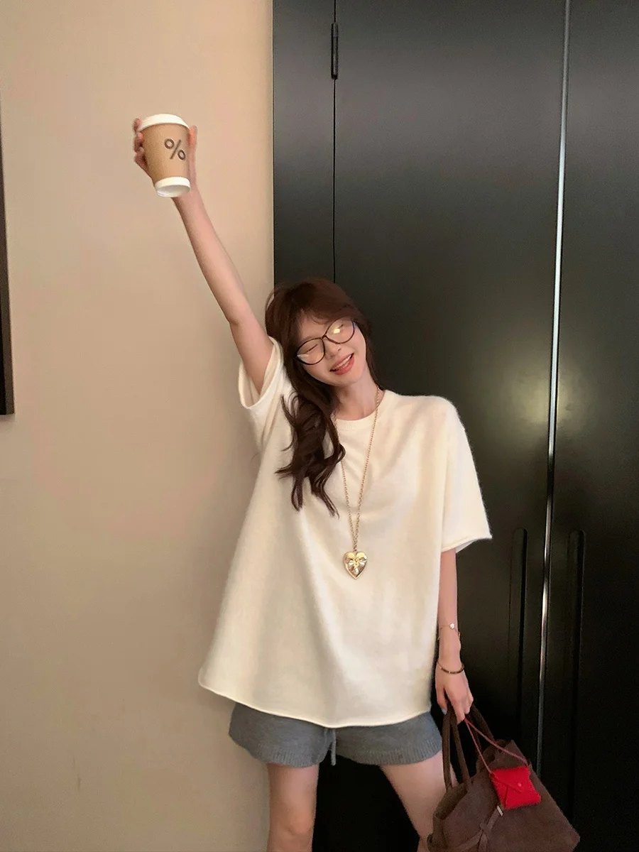 

MUKOK Loose round Ne Basic Versatile f Sve Color Knitted Top Women's Casual Sle Knittedwear Spring Season