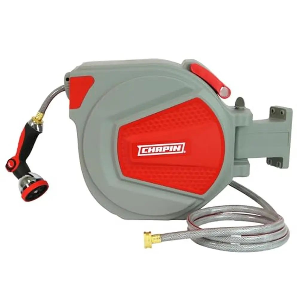 65 pies. Carrete de manguera de jardín retráctil, montaje en pared, caja resistente, boquilla de pulverización de 10 patrones, retracción automática 180 ° Soporte de marco giratorio