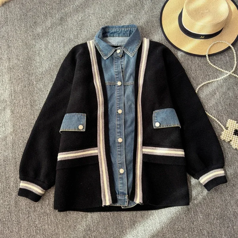 Autumn High-quality Pure Cotton Retro Style Patchwork Cardigan Sweater Denim Women\'s Woolen Coat Fashion Elegant Loose Top Coat