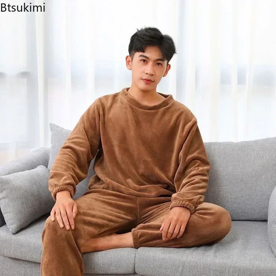 2024 Men\'s Thick Flannel Pajama 2 PCS Sets Couple Casual Home Wear Soft Warm Long Sleeve Long Pants Coral Velvet Sleepwear Suit