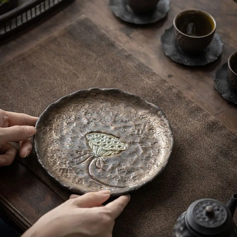 Retro Kiln Transformed Lotus Seedpod Dry Brewing Tray Rough Pottery Japanese Style Household Tea Tray Zen Style Small Tray ZF14