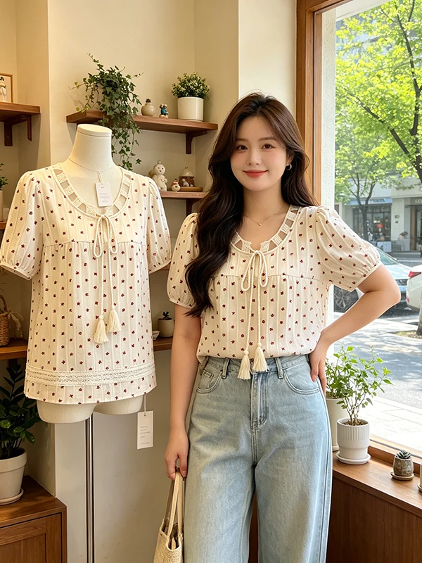 

Sweet Hollow out Lace Korean Style plus Size Shirt Summer 2026 New Design Breathable Skin-Friendly Floral Top for Girls