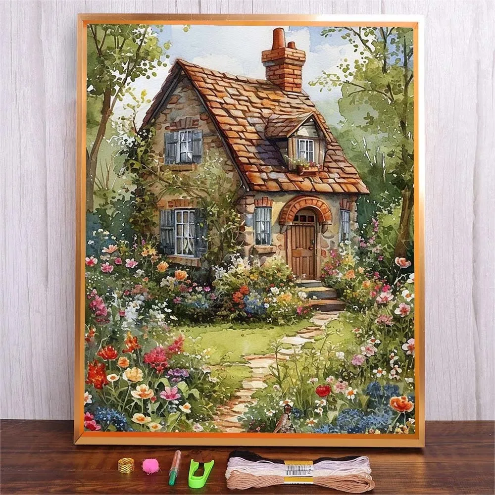 

Flowers House DIY Embroidery Kits Landscape Pattern Embroidery Stitching Kits Art Needlework Cross Stitch Sewing Set Home Decor