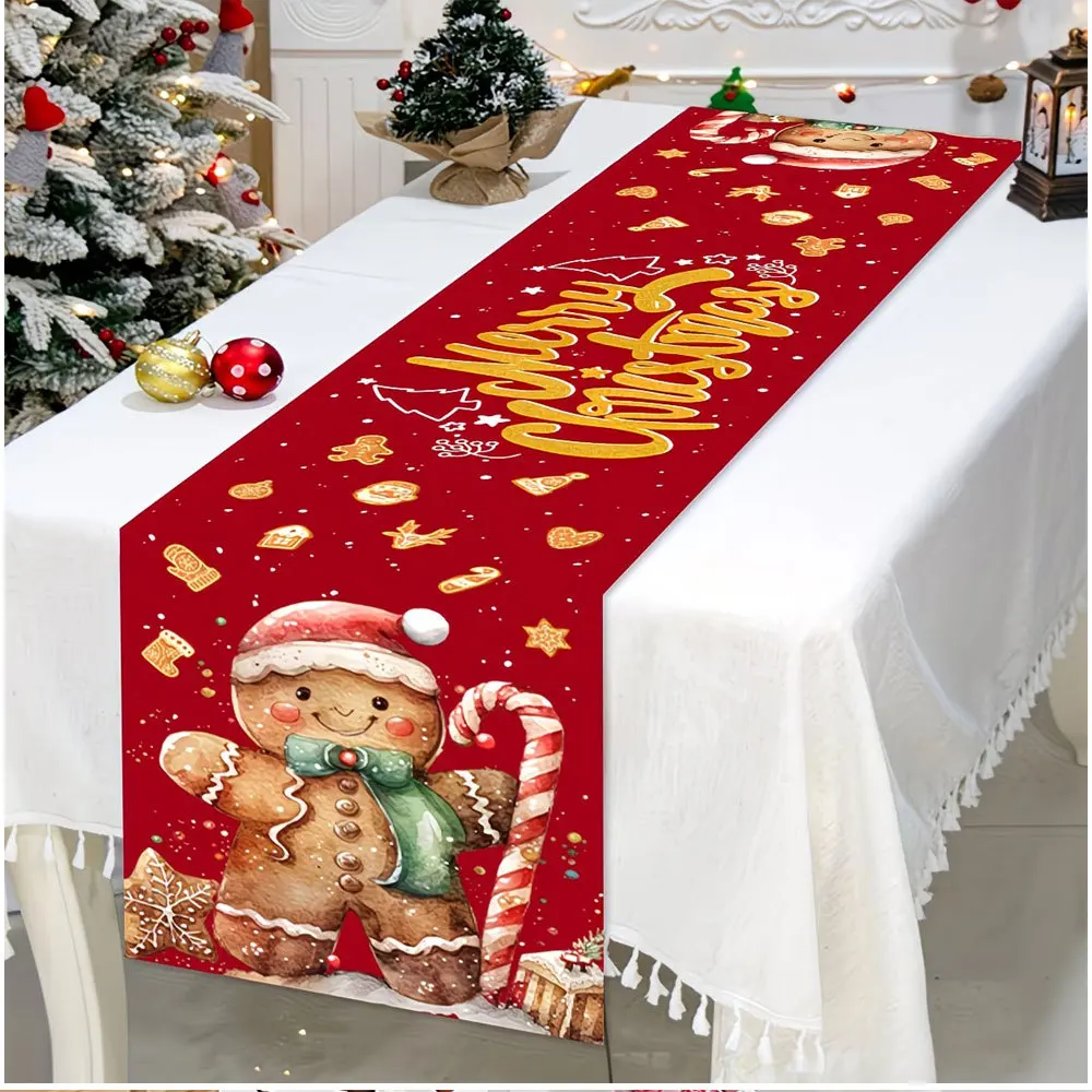 Linen Table Runner Featuring a Highl Cow in Santa Hat on Red Christmas Table Decor  Winter Dinner