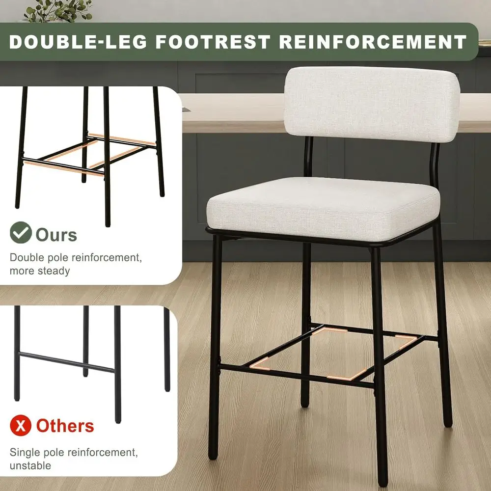 Juego de 4 taburetes de bar tapizados con altura de mostrador, tela beige, sillas de metal para isla de cocina o comedor del siglo moderno