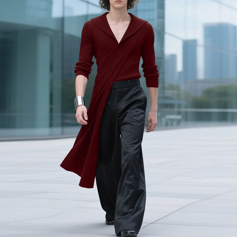 

INCERUN Мужская футболка нестандартной формы, однотонная трикотажная футболка с лацканами и длинными рукавами, уличная одежда, модные повседневные длинные стильные футболки 2025 года