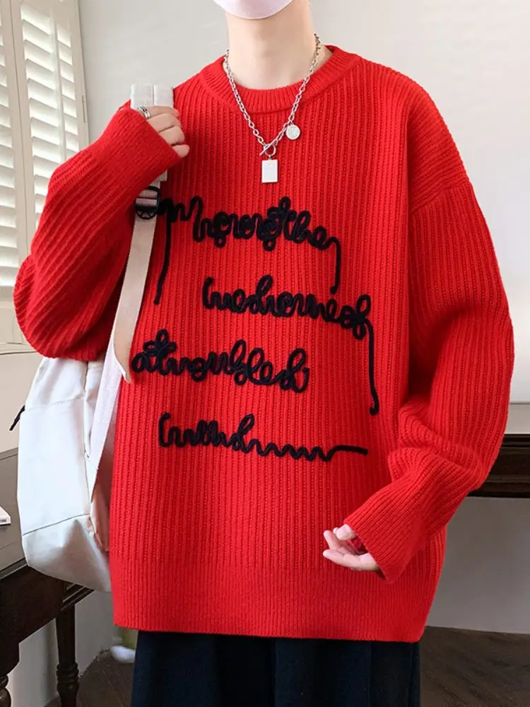 

Красный вязаный свитер свободного кроя для мальчиков, весна-осень, для подростков, модный повседневный, с длинным рукавом, круглый вырез