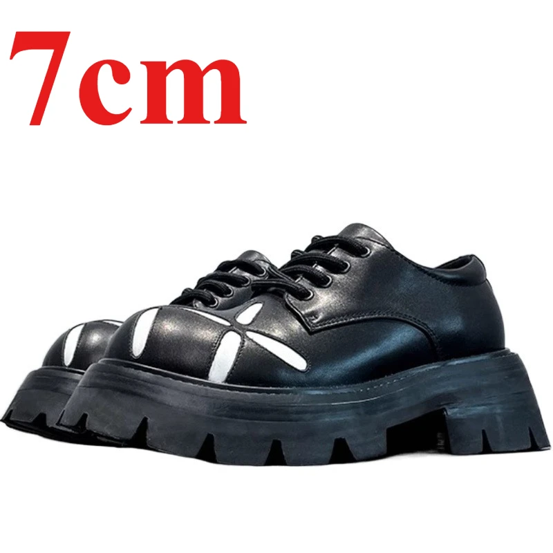 Europe/American Original Wide Version Big Head Derby Shoes for Men's 7cm Platform Genuine Leather Casual Height Increasing Shoes