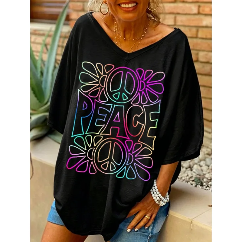 ilstile Women's Hippie Peace Print T-Shirts Summer Short Sleeve Casual Loose V Neck Long Tops Tees Black White NEW
