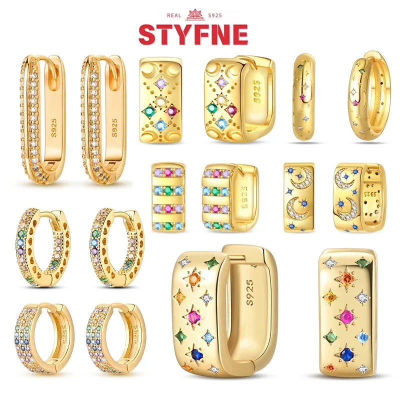 

Hot Sale Golden Earrings 925 Silver Round Square Hoop Earrings Colorful Zircon Elegant Earrings Party Jewelry for Women Matching