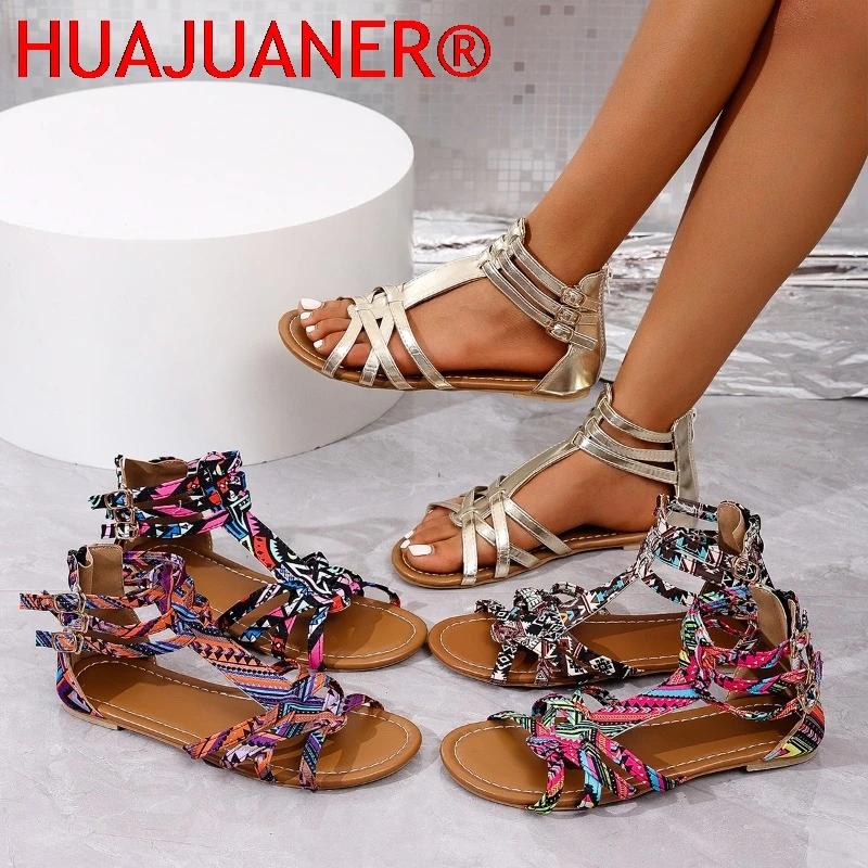 Bohemia Roman Zip Sandals Women's Years Summer New Flat Foot Ring Cross Large Size Women's Shoes