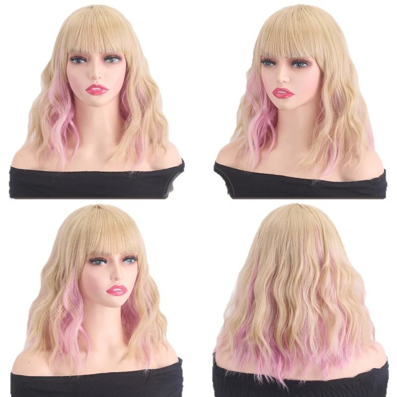 Korean and Japanese style women's wavy medium-long curly hair wig made of high-temperature fiber Blue Wigs