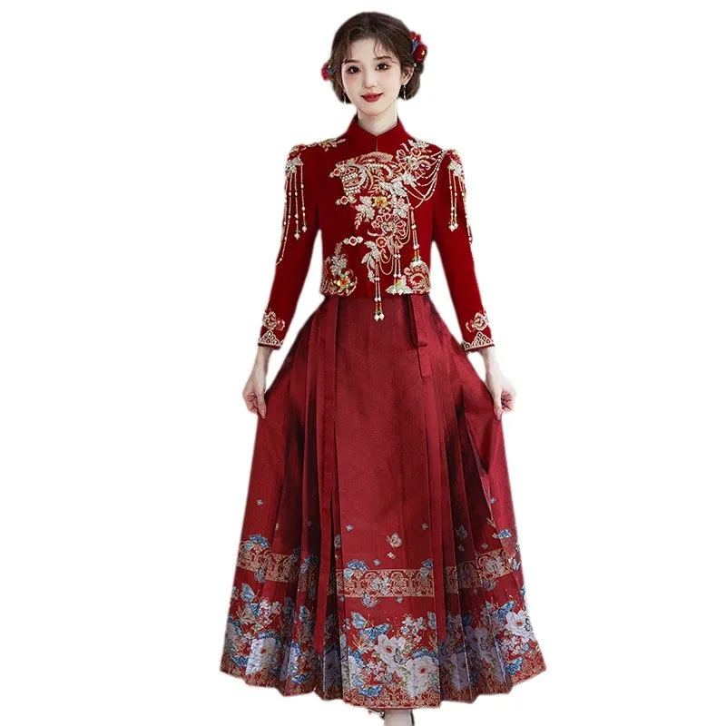 2024 New Chinese Style Horse-Face Skirt Suit Engagement Dress Small High-End Wedding Clothes Bride Outfit Women