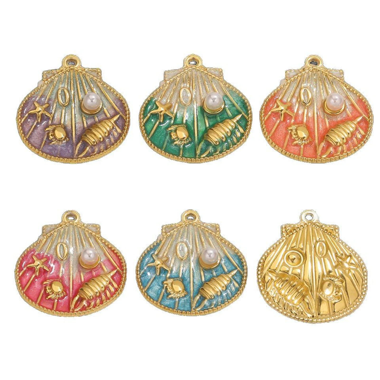 1PC 304 Stainless Steel Ocean Shell Jewelry Charms 18K Gold Plated Conch Sea Snail Imitation Pearl Pendant DIY 25mm x 28.5mm