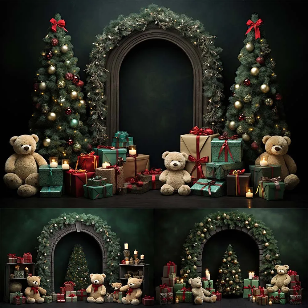 

Mocsicka Christmas Backdrops for Photography Green Wall Xmas Tree Bear Gifts Baby Kids Portrait Photo Background Photocall Props