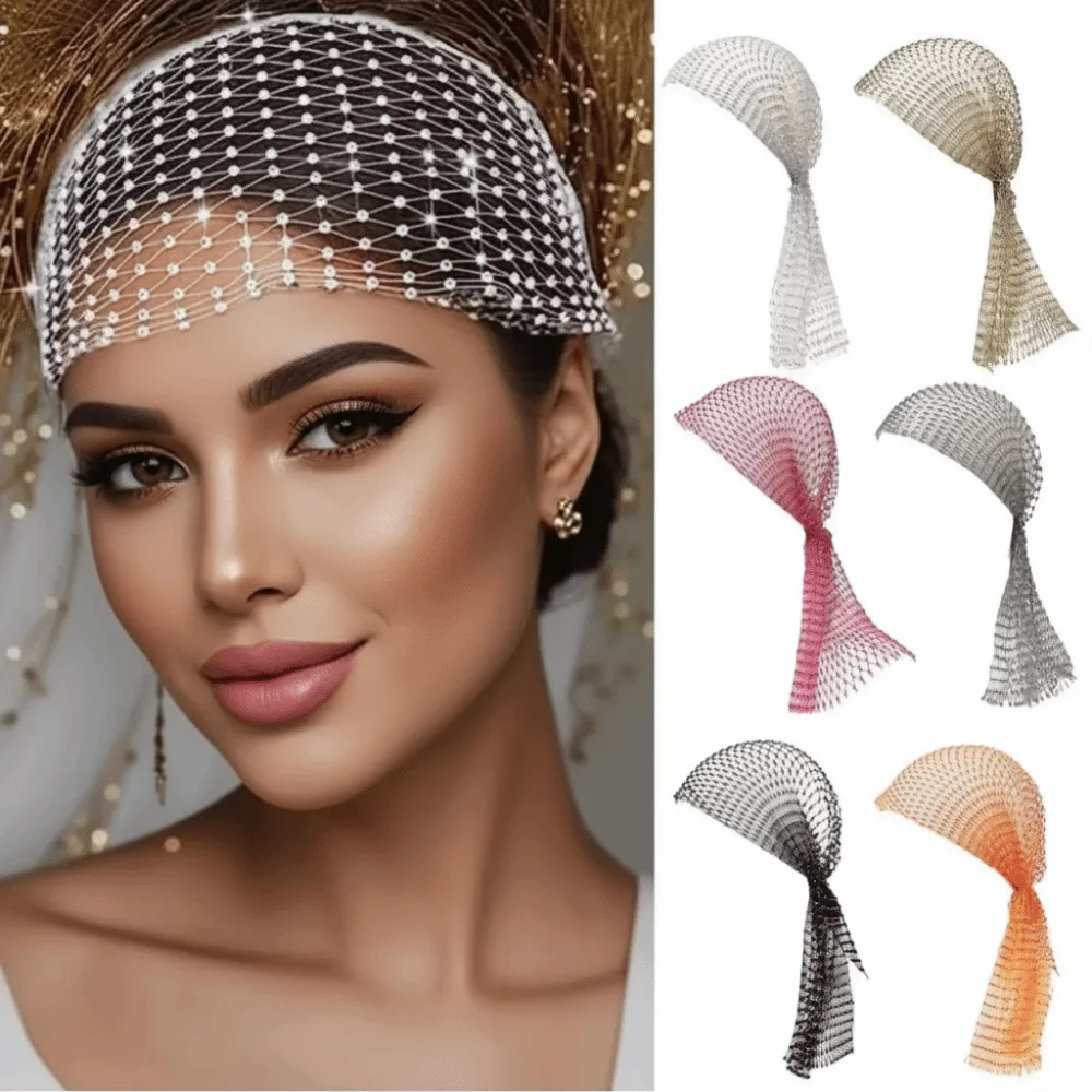 

Fashion Elastic Rhinestone Hat Ball Cosplay Mesh Rhinestone Pirate Hat Hollow Out Snood Scarf Cap Women