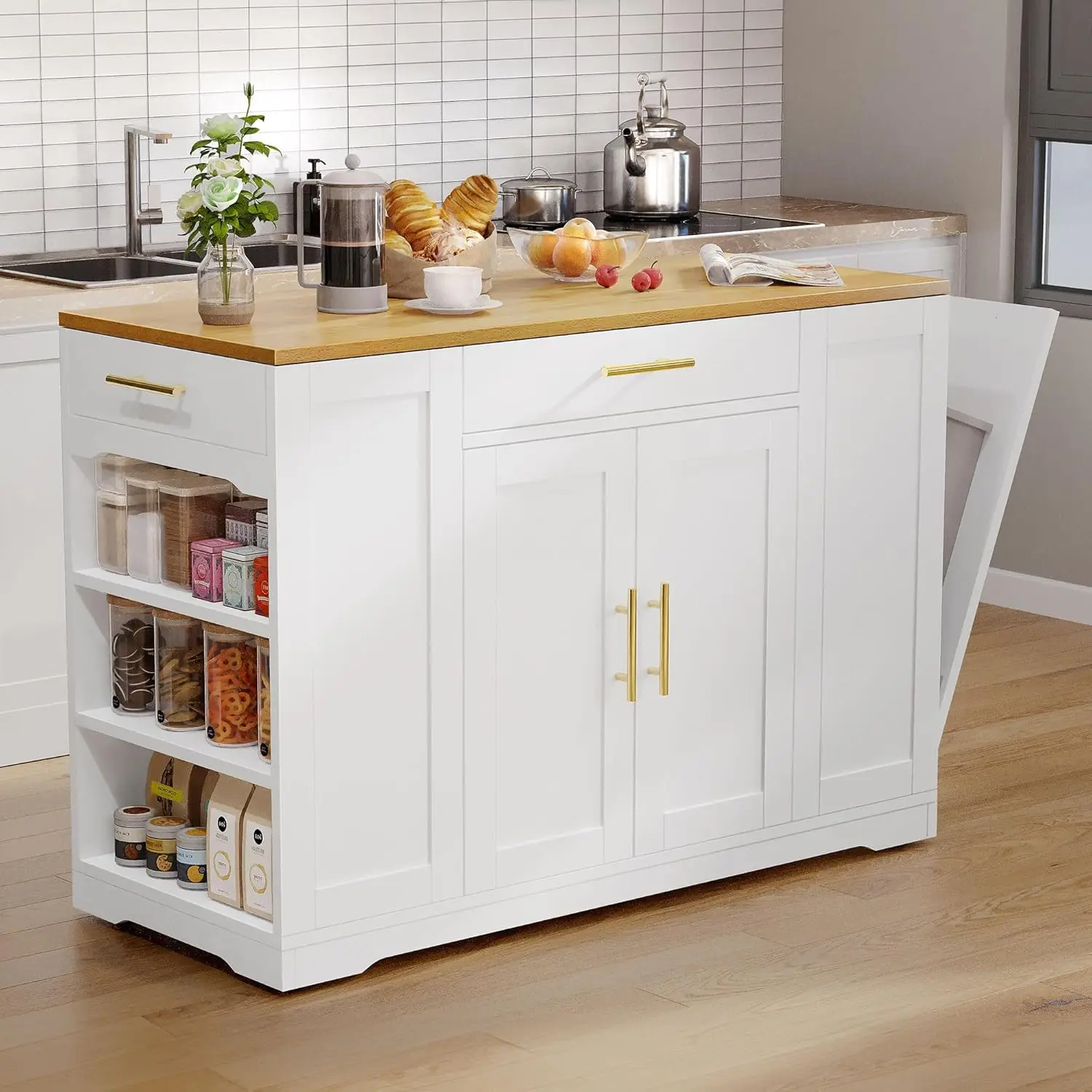 53 inch Large Rolling Kitchen Island with Trash Can Storage Cabinet, Portable Mobile Islands Table Long Floating Movable w Wheel