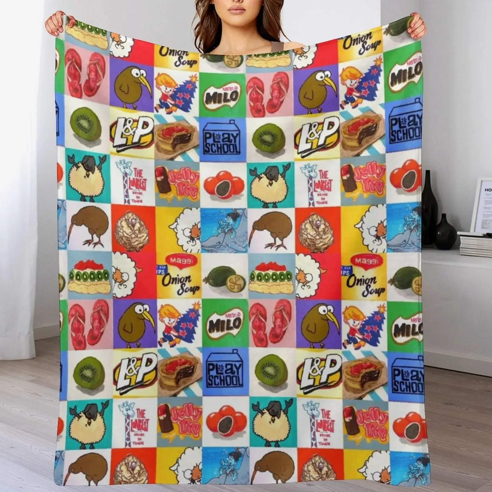

Kiwiana food and drink icons collage Throw Blanket Soft Solid Color Blanket for Couch Bed