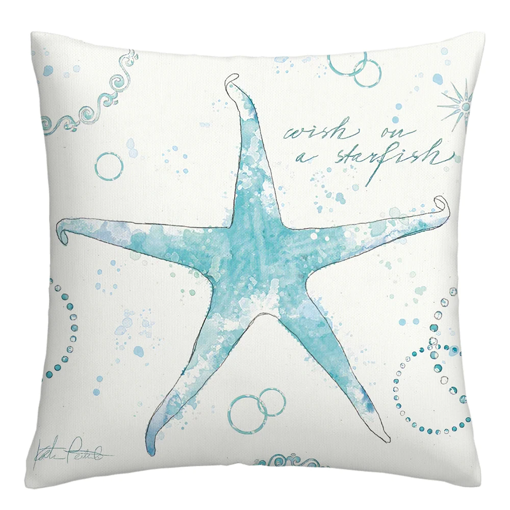 Cyan Sea Creature Painting Linen Pillow Cover Upholstery Living Room Sofa Upholstery Cushion Cover Home Decor Cushion Cover