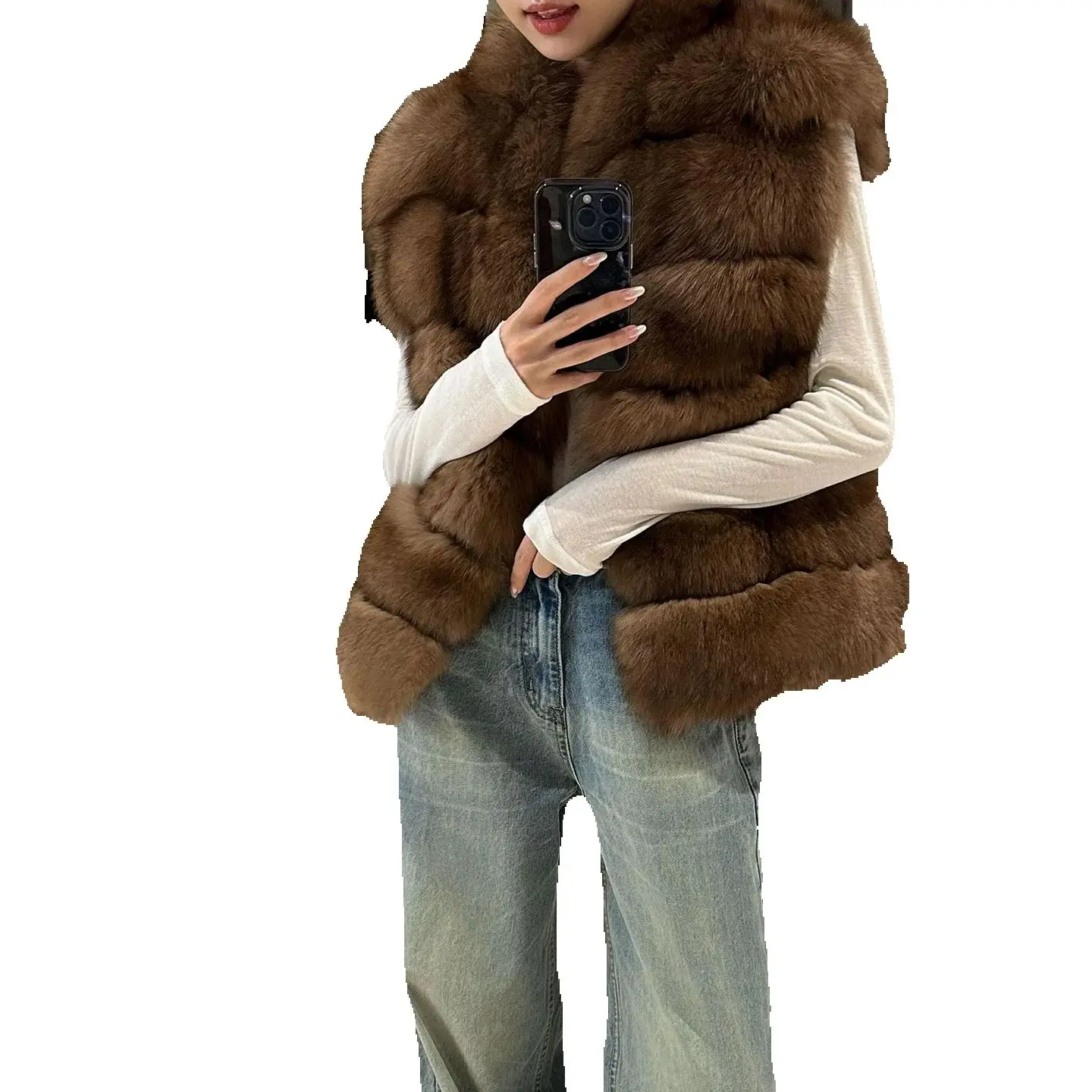 The new autumn and winter high-end, fashionable and eco-friendly fox fur coat for women is stylish and slimming, with a thick ve