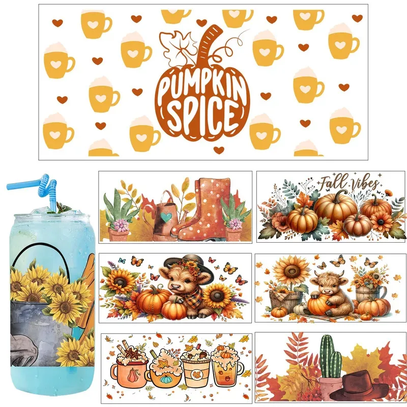 Autumn Cozy Vibe pumpkin easy peel waterproof Party DIY Decals 3D transfers uvdtf tumbler seal stickers 16oz uv dtf cup wraps