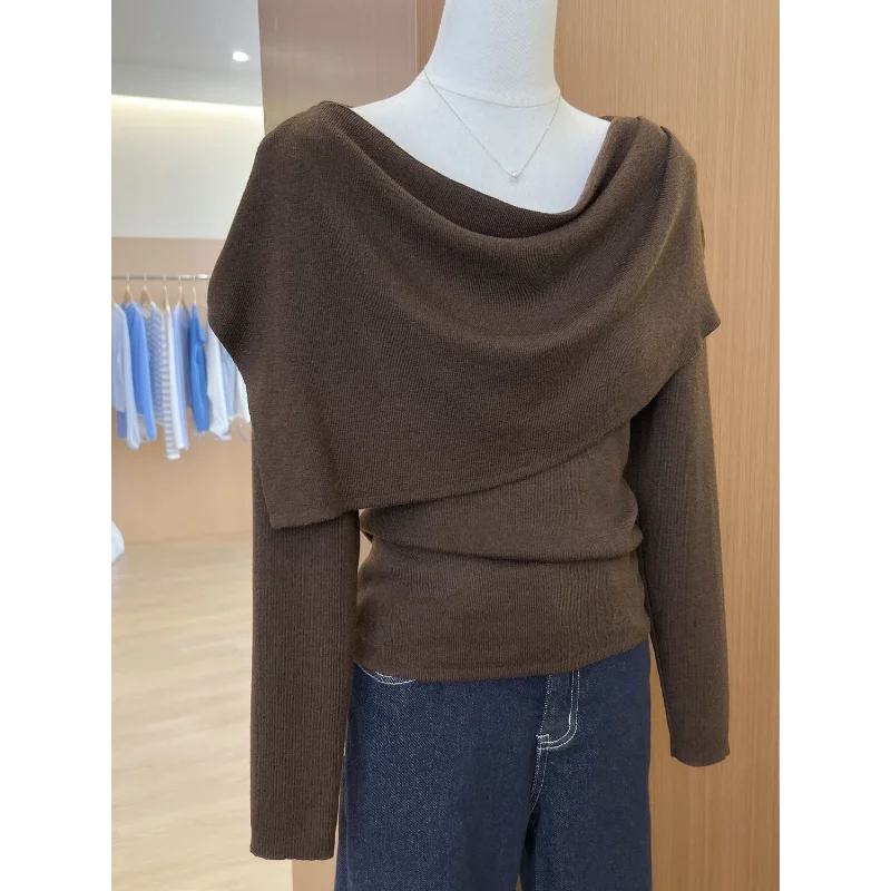 Conjunto de duas peças xale em camadas feminino de início do outono coreano chique tops com cintura abraçando