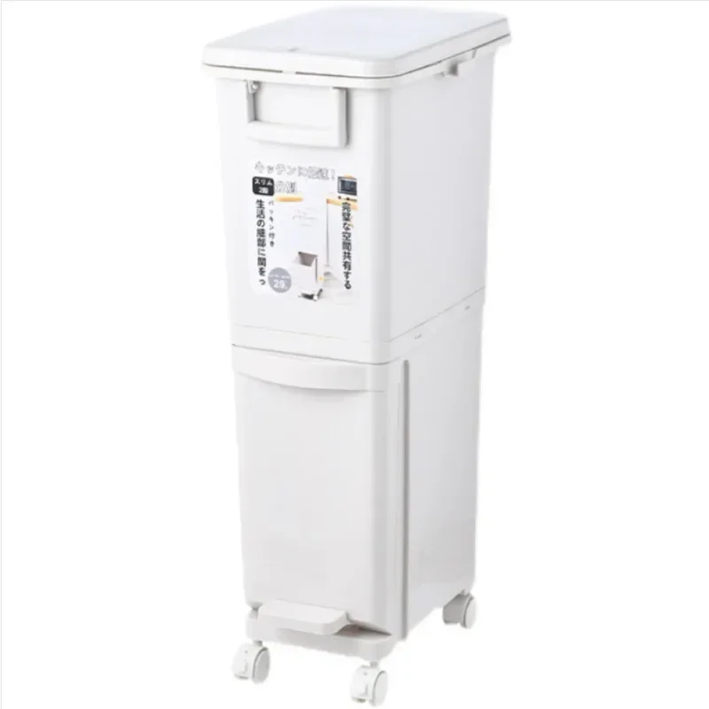 Simple Long Tube Rubbish Bin, Double Partition Trash Can, Mobile Pulley Garbage Basket, Dry and Wet Separation Kitchen Bin