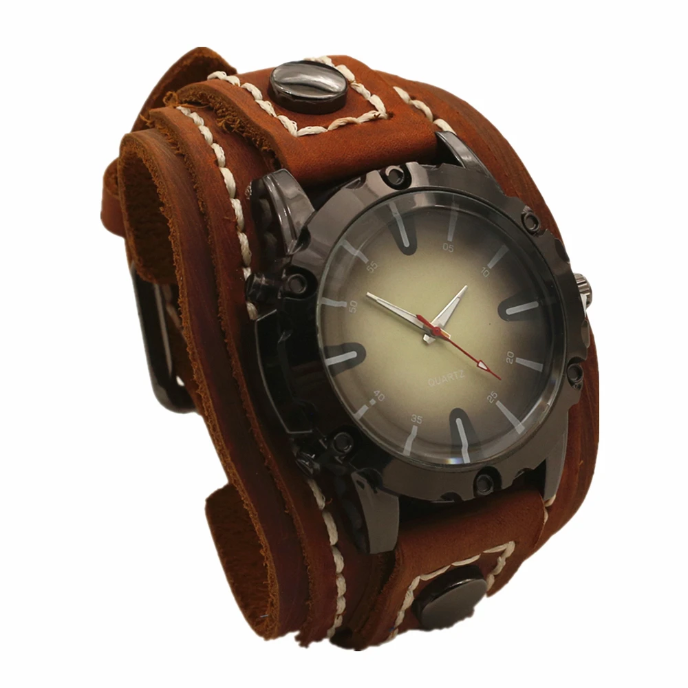 Westbull Punk Electronic Quart Pointer Watch Men Bracelet Brown Black Wide Genuine Leather Belt Strap Bangles HommeJewelry