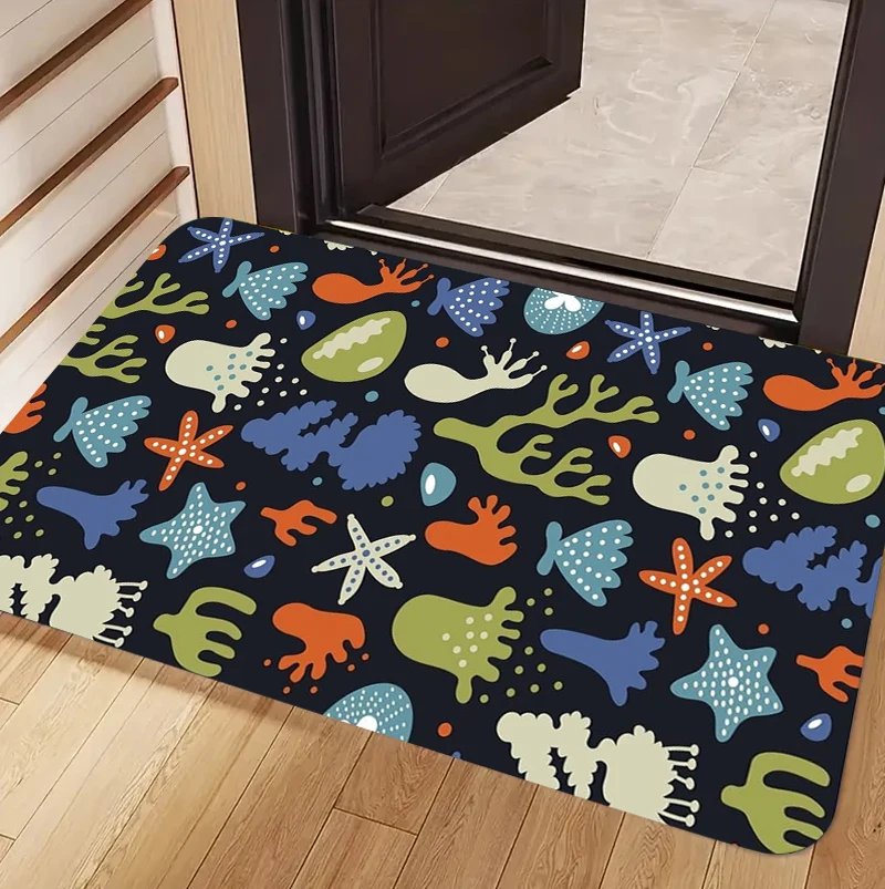 Ocean Marine Life Print Doormat Mermaid Fish Starfish Non-Slip Floor Mat Soft Welcome Rug for Front Door Home Decor