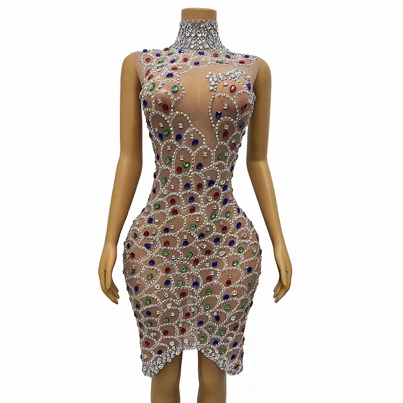 

Luxurious Colorful Rhinestones Mesh Transparent Dress Celebrity Singer Stage Performance Costume Birthday Prom Party Show Outfit