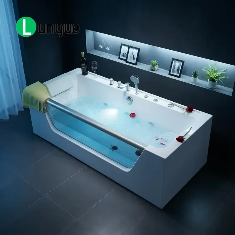 LED Waterfall Acrylic Whirlpool Spa Bathtub with Glass Window and Sprinkler Jets White Headrest 150x80x58cm for Villa