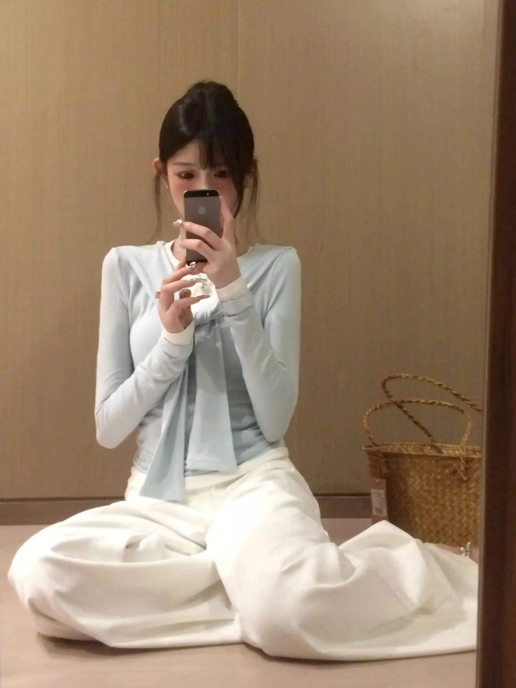 Baby Blue Long Sve T-irt Women's Inner Wear Netie Naval Collar Base irt Top Korean Sle Commute Faion Splice Pattern