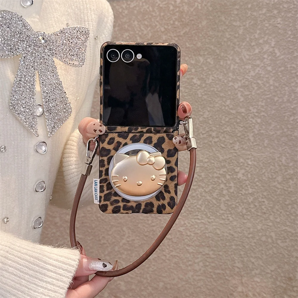 

Luxury leopard Print Magnetic Phone Case With Gold Foil Hellokitty For Magsafe Holder for Samsung Galaxy Z Flip5 6 Flip6 7 Flip7