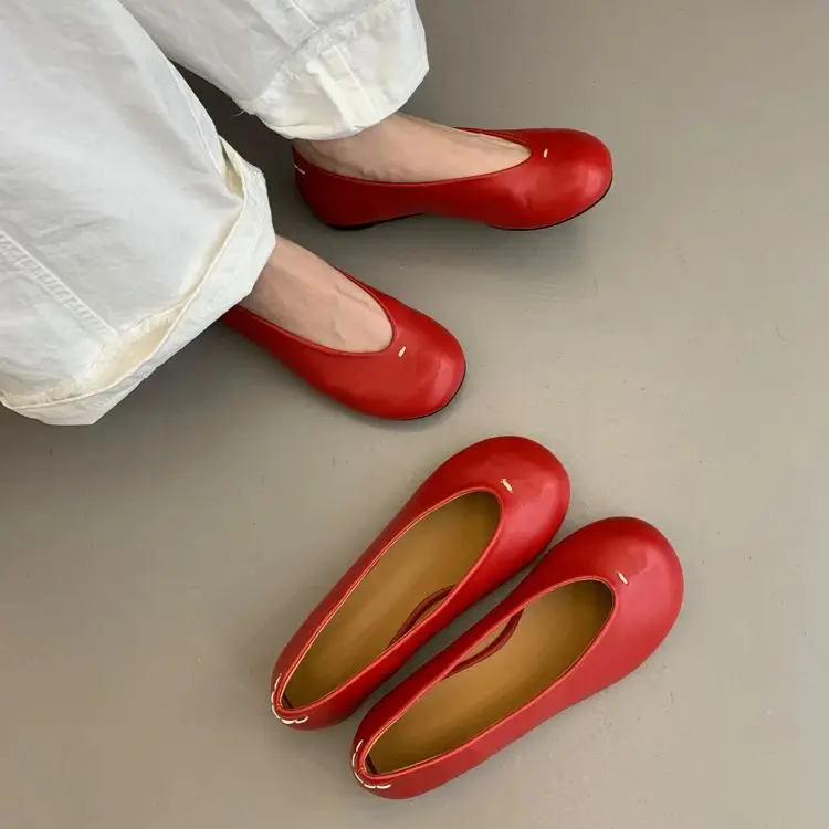 IPPEUM Ballerinas Zapatos Mujer Round Toe 2024 New In Fashion Red Pu Leather Mary Janes Shoes Ballet Flats Women