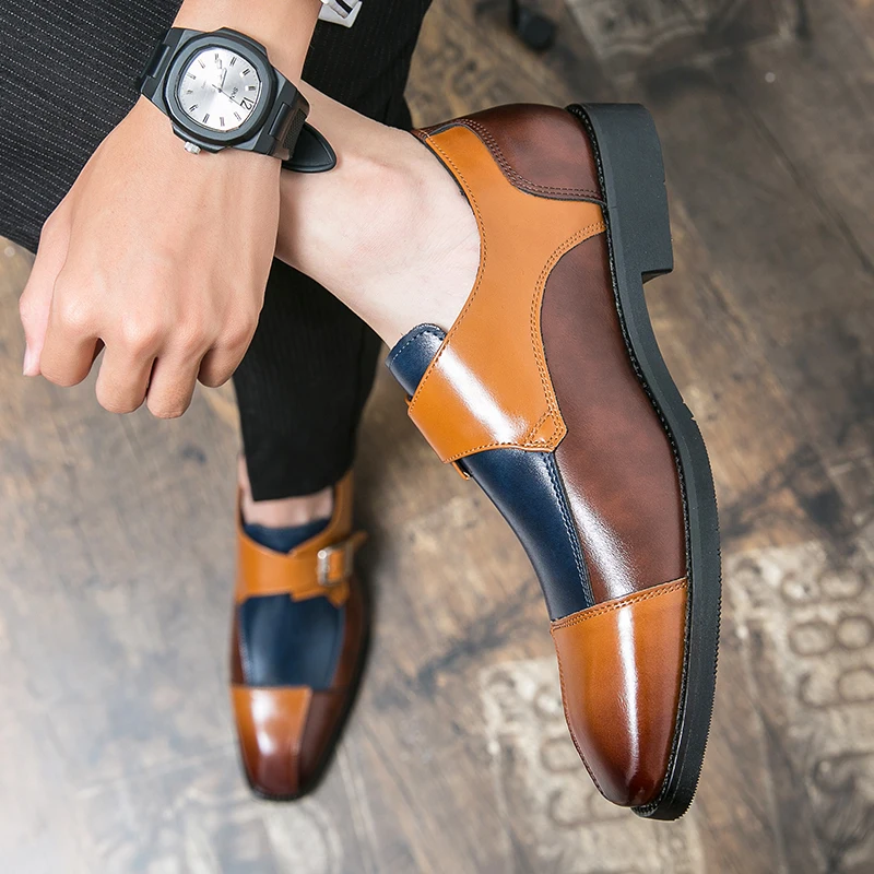 New 47 plus size 48 men\'s patchwork casual leather shoes Men\'s buckle leather loafers Fashion party show Derby shoes