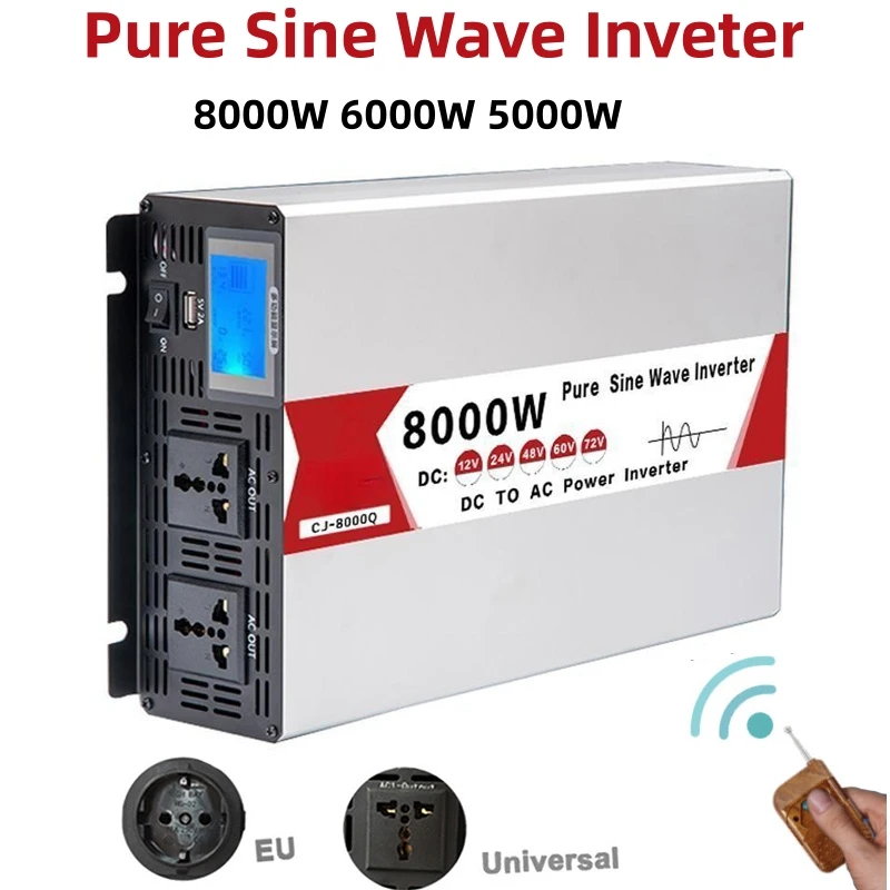 Pure Sine Wave Inverter 8000W 10000W 6000W Frequency Converter DC 12V 24V 48V To AC 220V 230V 110V Solar Power Bank Transformer