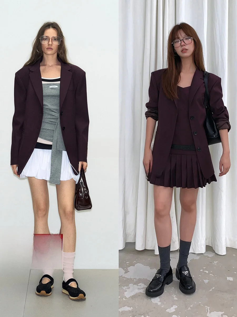 

Deessesicile Gentleman Style Red Set with Pleated Skirt for Girls Button Detailing Long Sleeve Business Casual Wear