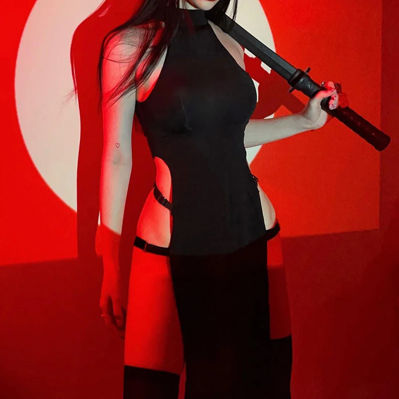 Falda larga japonesa para chica, vestido recortado liso con hombros descubiertos, vestido Sexy sin mangas con cuello redondo y muslo dividido, ropa ajustada para mujer