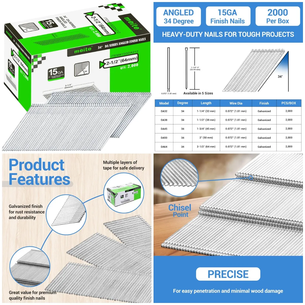 

2.5-Inch 34° Angled Galvanized Finish Nails, 15 Gauge (2,000 Count) for Nailer Guns – Ideal for Trim & Cabinetry