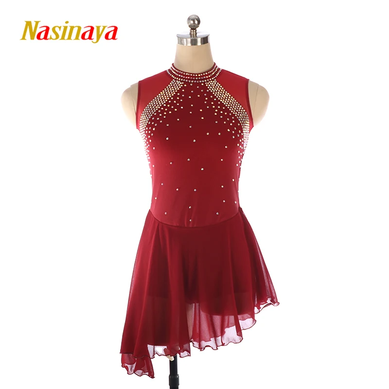 Girl Adult Figure Skating Performance Dress Competition Grade Examination Skirt Sleeveless Wine Red Multi Diamond