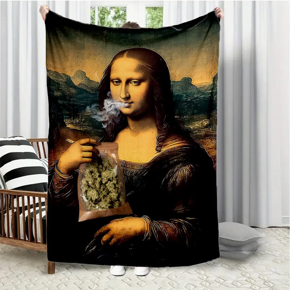 Interesting Mona Lisa pattern Flannel printed blanket suitable for all seasons suitable for living room office sofa and travel