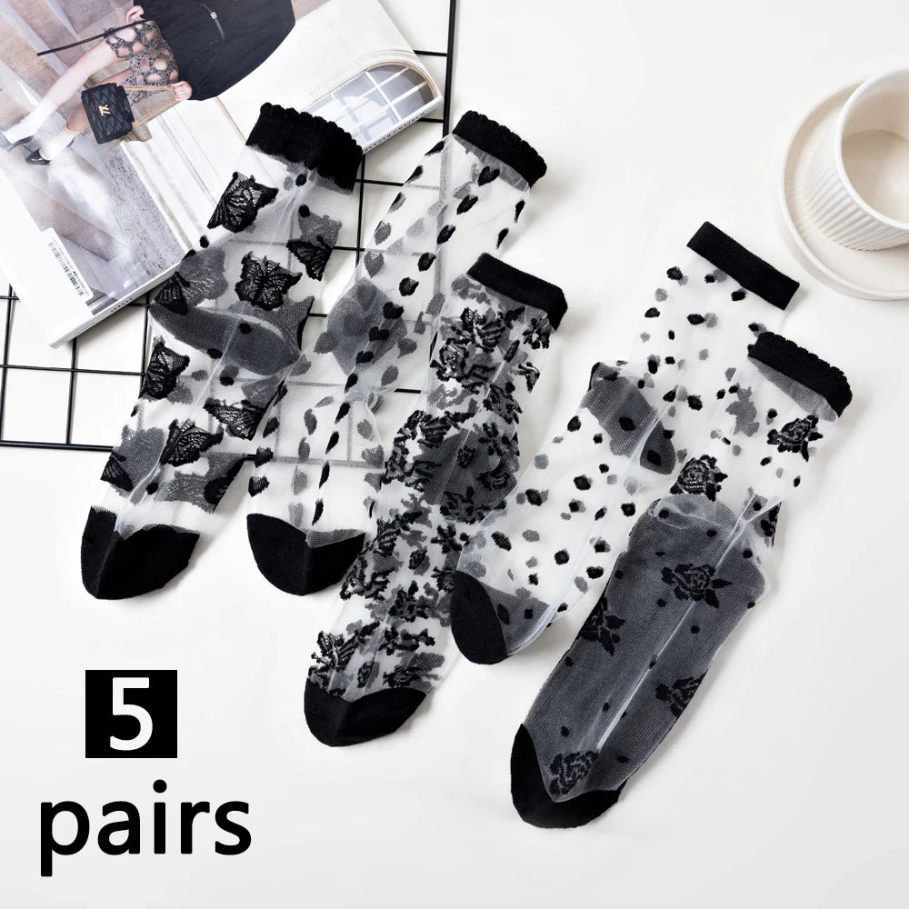 5 pares de calcetines tobilleros para mujer, calcetines ultrafinos transparentes de cristal con puntos negros, malla de encaje, seda de vidrio, calcetines elásticos transparentes de verano a la moda