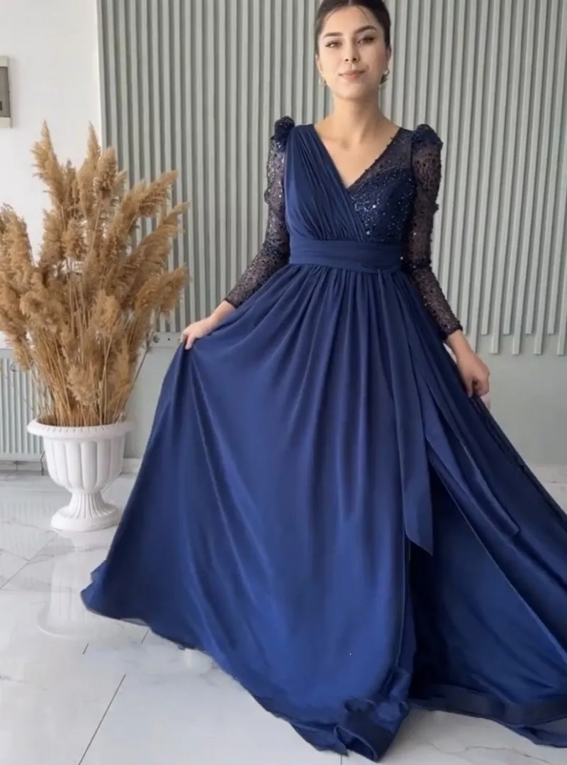 

2025 Navy Blue Evening Dress V-Neck Chiffon Long Sleeves Sparkly Sequined Prom Formal Gowns Customized Robe De Soiree