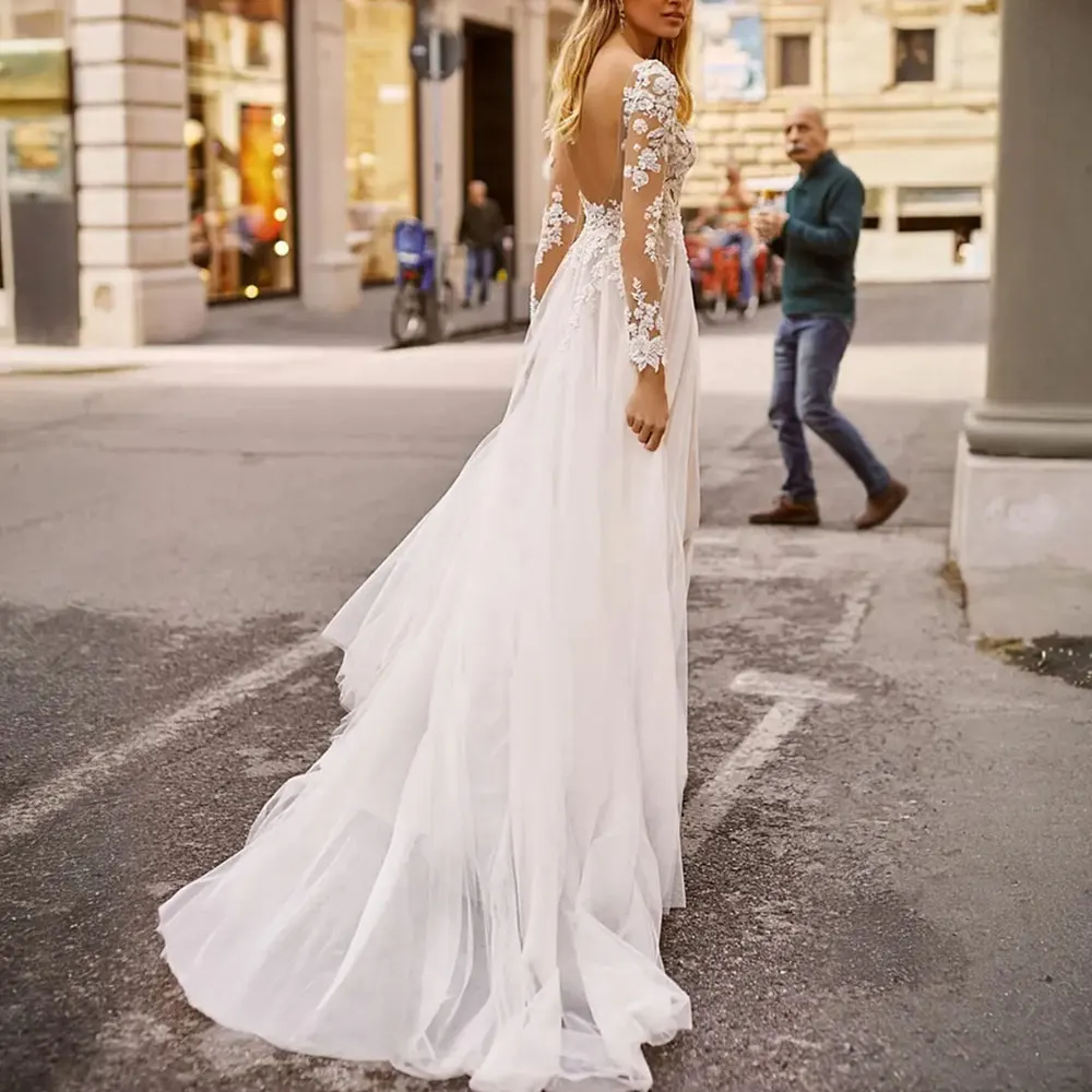 Beach Boho A Line abiti da sposa in Tulle scollo A V profondo maniche lunghe pizzo Appliqued abiti da sposa con spacco alto per la sposa araba africana