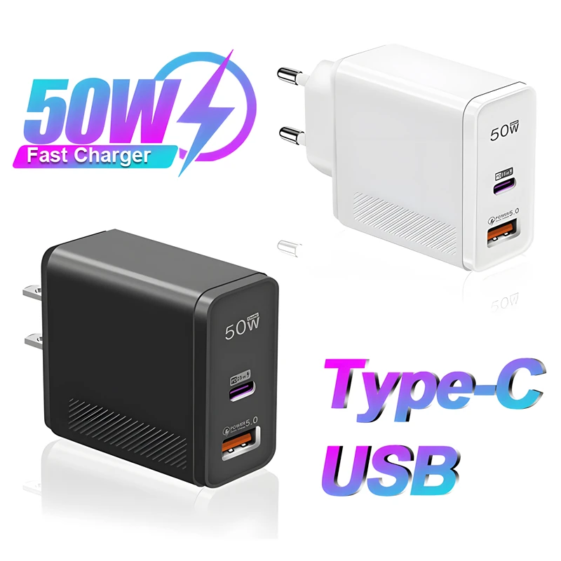 

PD 50W USB Type C Surper Fast Charger For iPhone Samsung Galaxy S24 Xiaomi Huawei Oneplus EU US Plug Charging Phone Accessories