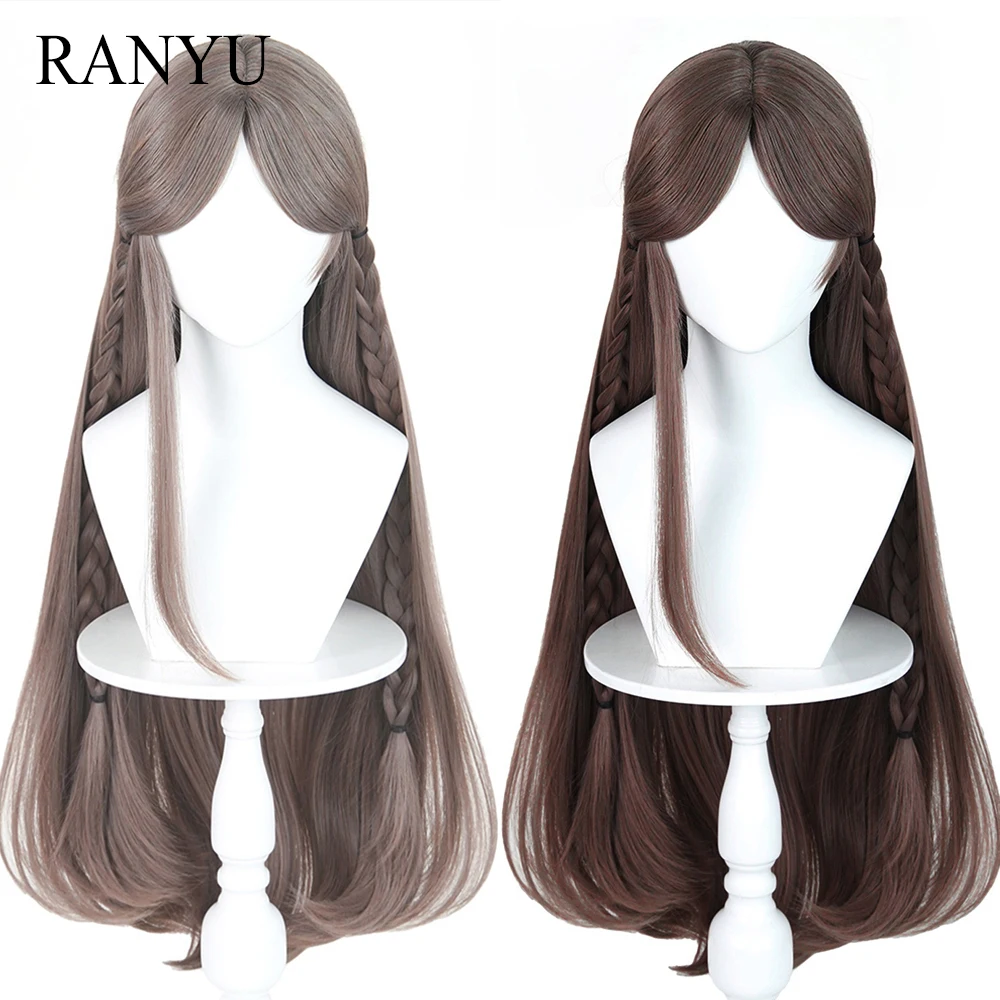 Grey Brown Synthetic Long Straight Middle Part Wigs Anime Game Cosplay Fluffy Wig Heat Resistant for Daily Party
