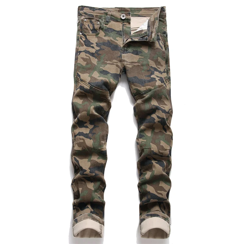 

Fashion Trendy Patchwork Camouflage Jeans Men's Slim Stretch Feet High-End Men's Washed Overalls Style Trousers